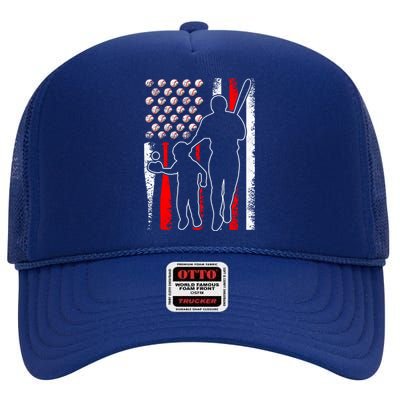 Proud Baseball Dad Papa Grandpa American Flag Fathers Day Gift High Crown Mesh Back Trucker Hat