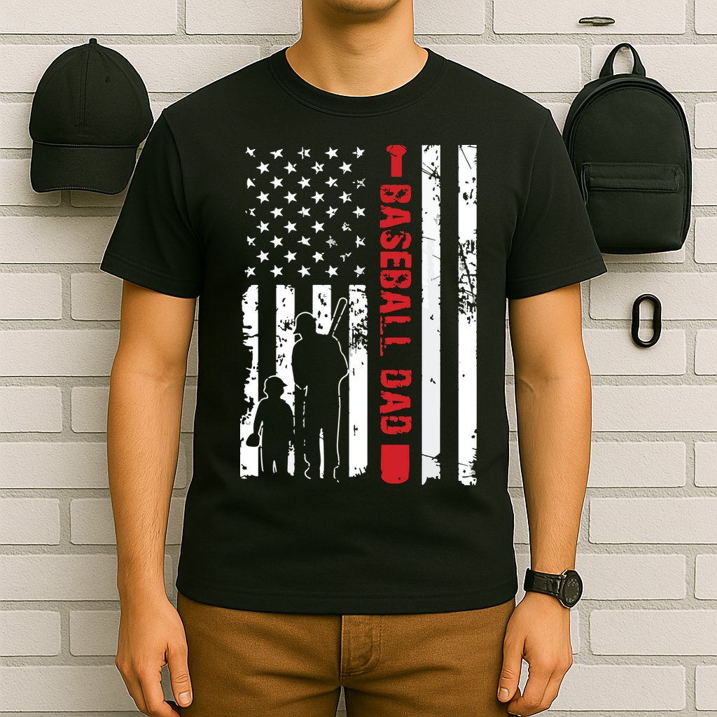 Proud Baseball Dad American Flag Sports T-Shirt