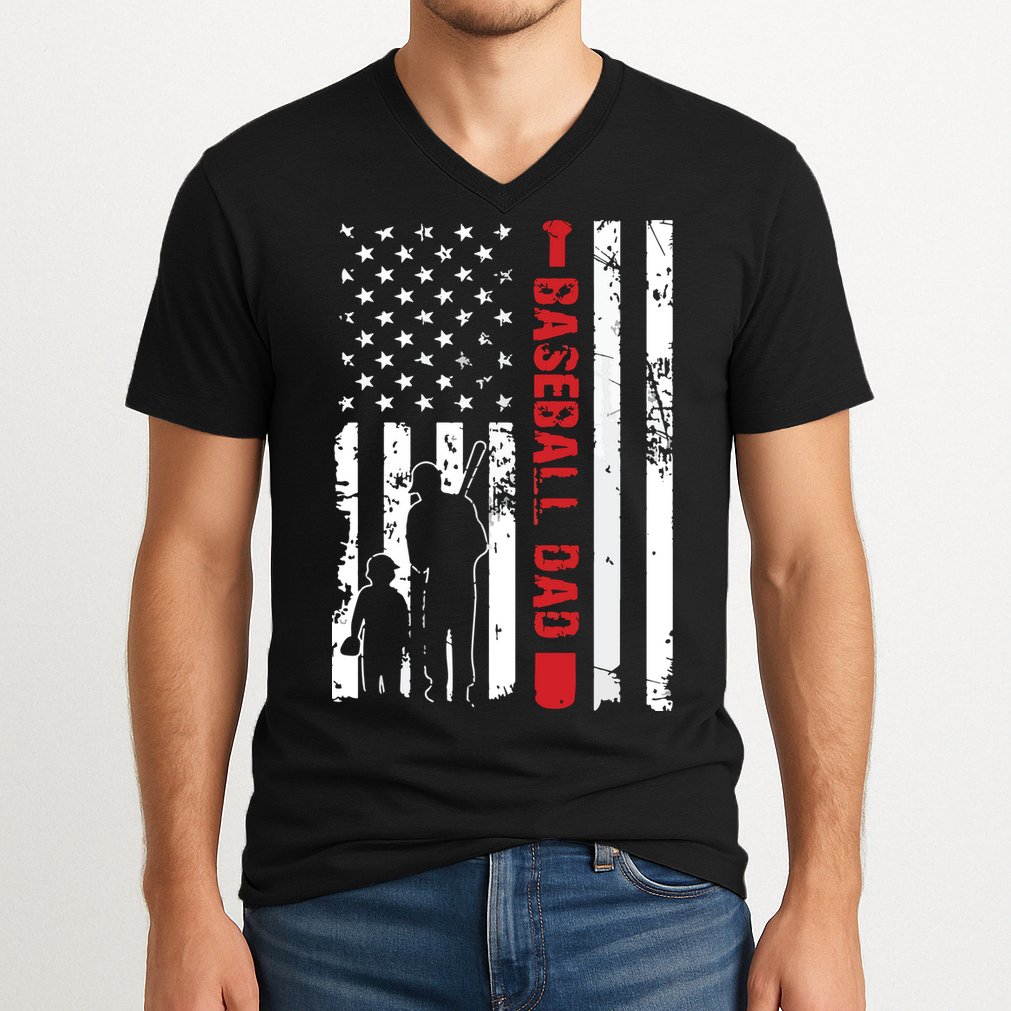 Proud Baseball Dad American Flag Sports V-Neck T-Shirt
