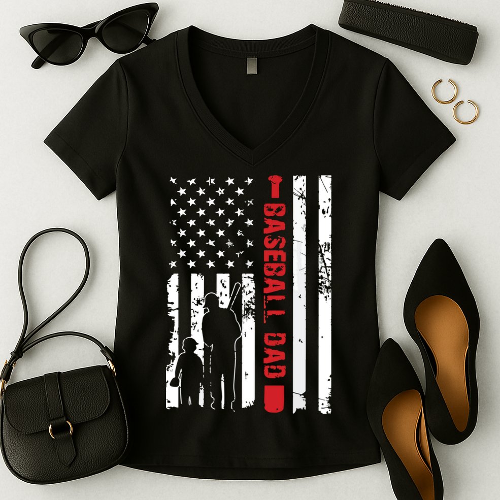 Proud Baseball Dad American Flag Sports Women's V-Neck T-Shirt