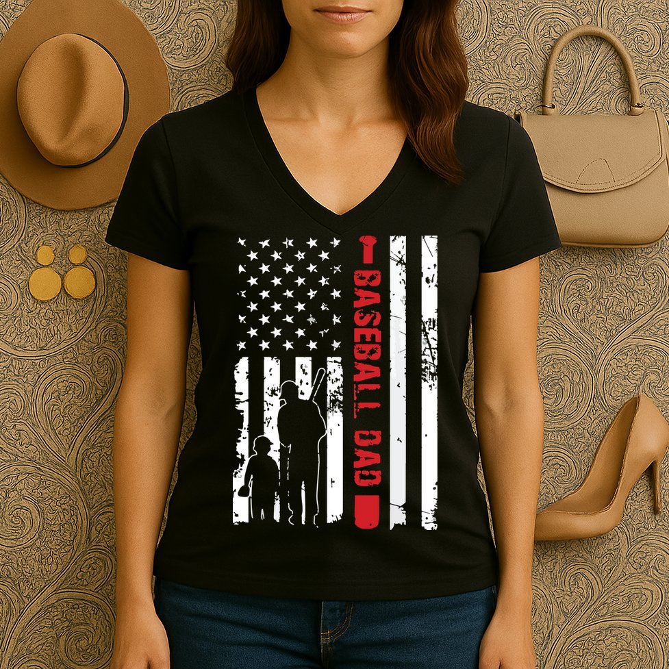 Proud Baseball Dad American Flag Sports Women's V-Neck T-Shirt