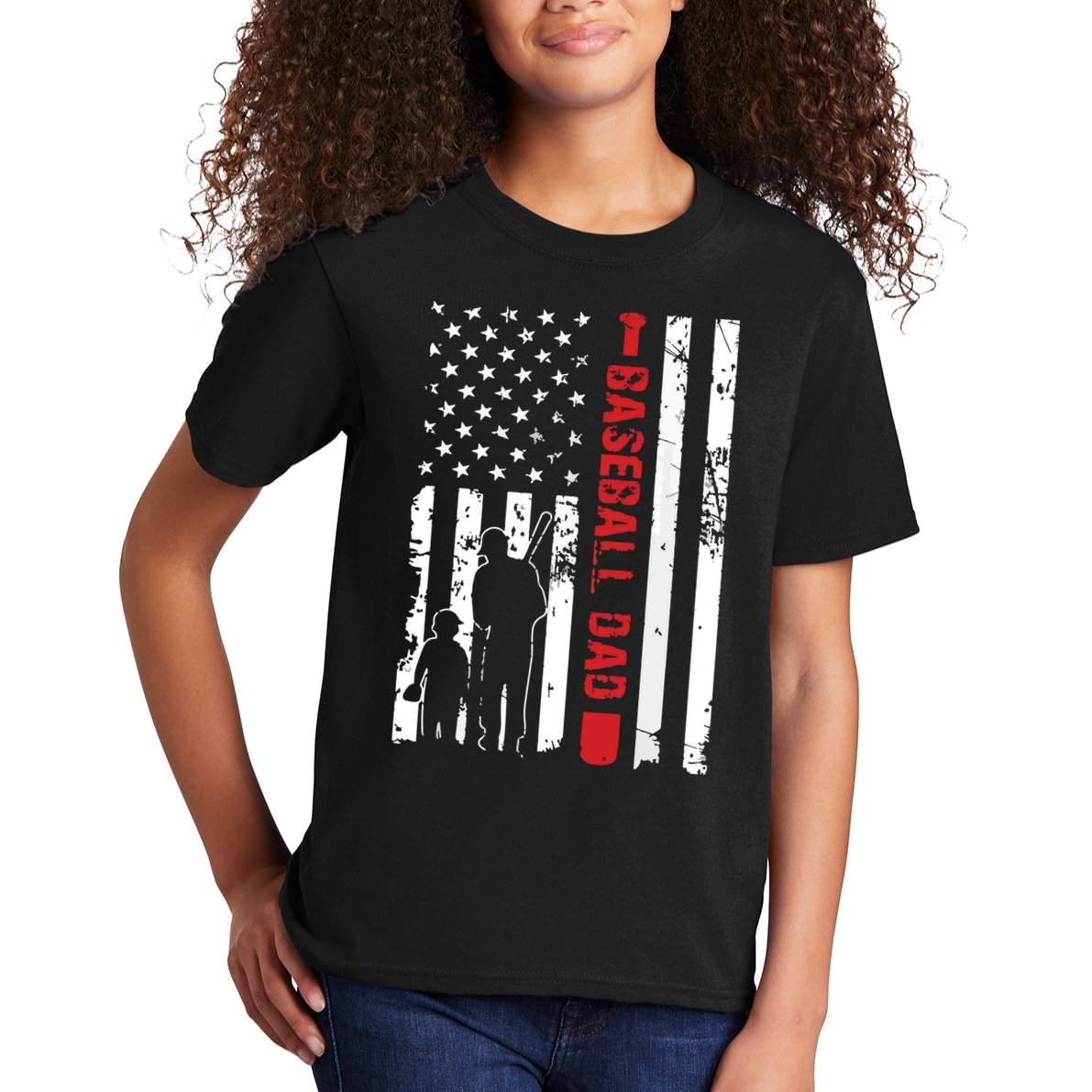 Proud Baseball Dad American Flag Sports Kids T-Shirt