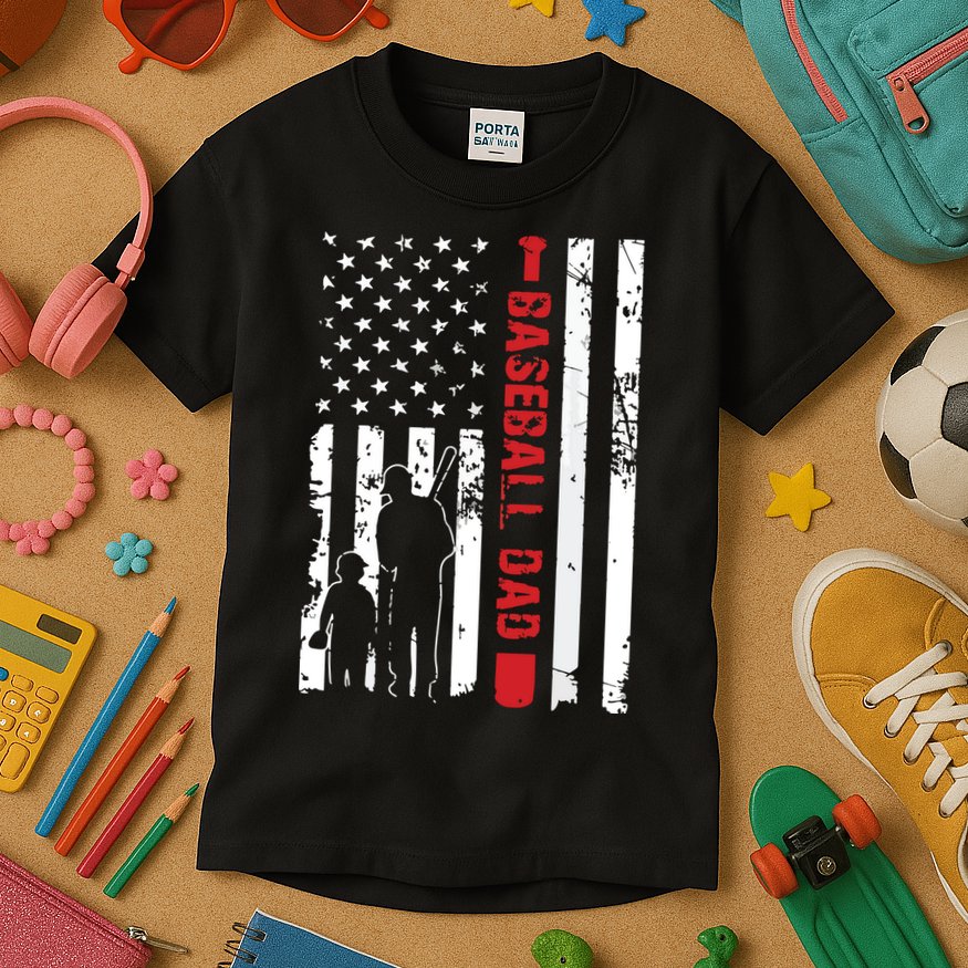 Proud Baseball Dad American Flag Sports Kids T-Shirt