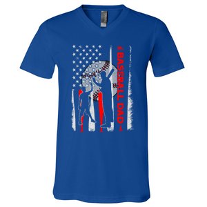 Proud Baseball Dad American Flag Fathers Day Gift V-Neck T-Shirt