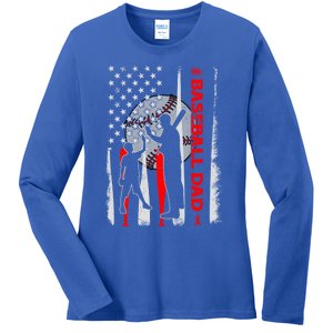 Proud Baseball Dad American Flag Fathers Day Gift Ladies Long Sleeve Shirt