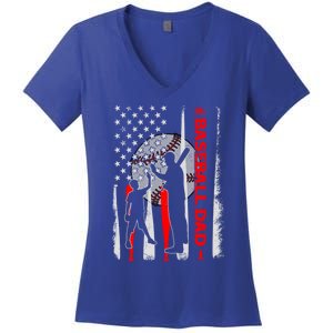 Proud Baseball Dad American Flag Fathers Day Gift Women's V-Neck T-Shirt