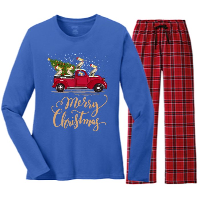 Pelicans Bird Driving Christmas Tree Truck Pelican Christmas Gift Women's Long Sleeve Flannel Pajama Set 