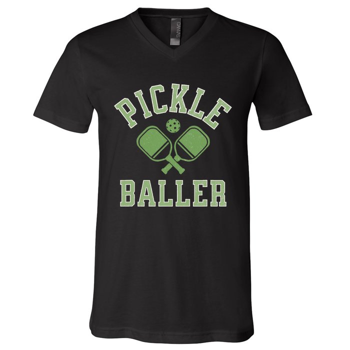 Pickle Baller Distressed Retro Athletic Pickleball V-Neck T-Shirt