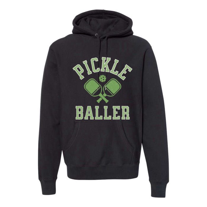 Pickle Baller Distressed Retro Athletic Pickleball Premium Hoodie