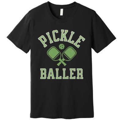 Pickle Baller Distressed Retro Athletic Pickleball Premium T-Shirt