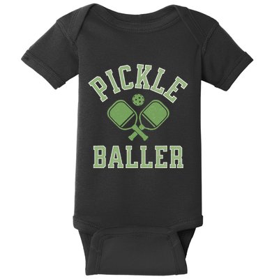 Pickle Baller Distressed Retro Athletic Pickleball Baby Bodysuit