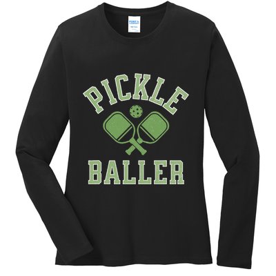 Pickle Baller Distressed Retro Athletic Pickleball Ladies Long Sleeve Shirt