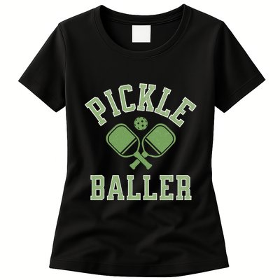 Pickle Baller Distressed Retro Athletic Pickleball Womens T-Shirt