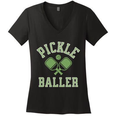 Pickle Baller Distressed Retro Athletic Pickleball Women's V-Neck T-Shirt