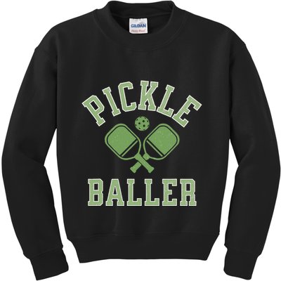 Pickle Baller Distressed Retro Athletic Pickleball Kids Sweatshirt