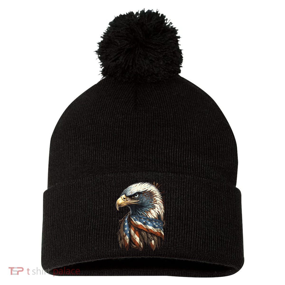 Patriotic Bald Eagle 4th Of July Usa American Flag Pom Pom 12in Knit Beanie