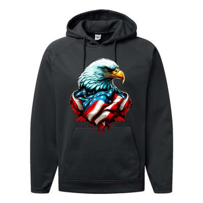 Patriotic Bald Eagle 4th Of July USA American Flag Performance Fleece Hoodie