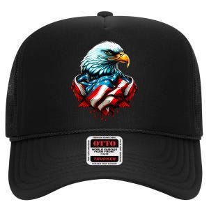 Patriotic Bald Eagle 4th Of July USA American Flag High Crown Mesh Back Trucker Hat