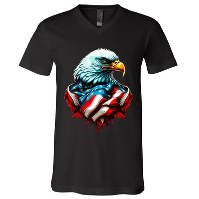 Patriotic Bald Eagle 4th Of July USA American Flag V-Neck T-Shirt
