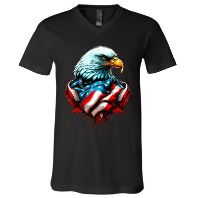 Patriotic Bald Eagle 4th Of July USA American Flag V-Neck T-Shirt