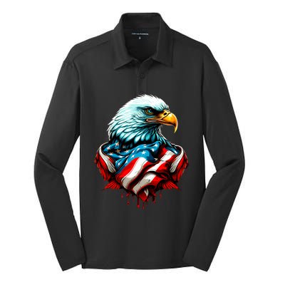 Patriotic Bald Eagle 4th Of July USA American Flag Silk Touch Performance Long Sleeve Polo