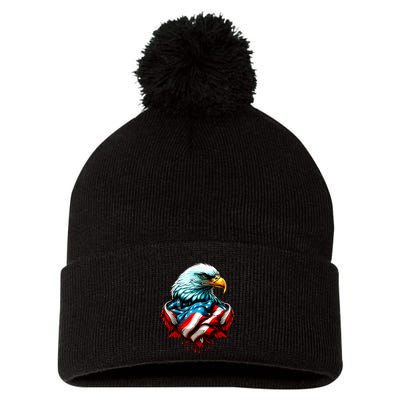 Patriotic Bald Eagle 4th Of July USA American Flag Pom Pom 12in Knit Beanie