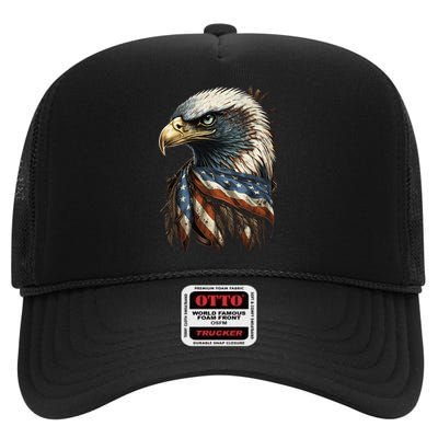 Patriotic Bald Eagle 4th Of JulyMen USA American Flag High Crown Mesh Back Trucker Hat