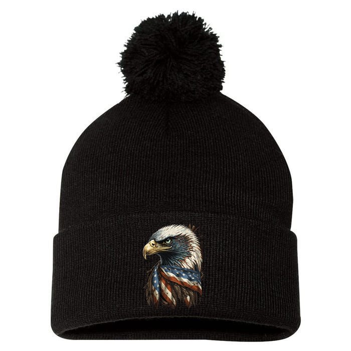 Patriotic Bald Eagle 4th Of JulyMen USA American Flag Pom Pom 12in Knit Beanie