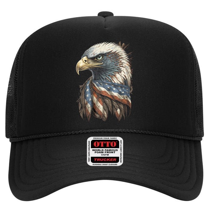 Patriotic Bald Eagle 4th Of July Usa American Flag High Crown Mesh Back Trucker Hat