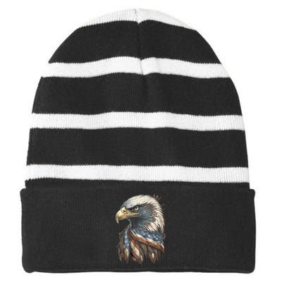 Patriotic Bald Eagle 4th Of July Usa American Flag Striped Beanie with Solid Band