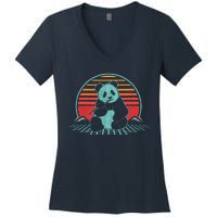 Panda Bear Eating Bamboo Retro Vintage 80 Style Women's V-Neck T-Shirt