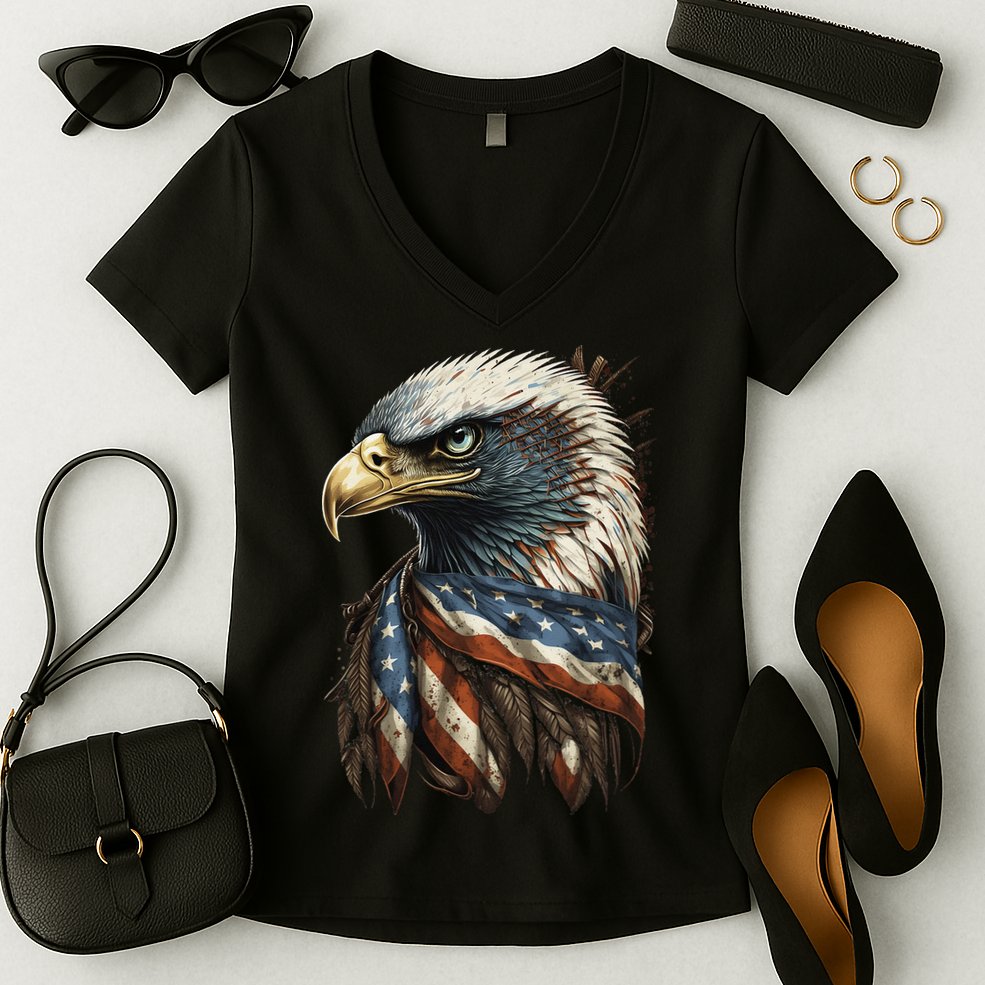 Patriotic Bald Eagle 4th Of July USA American Flag Women's V-Neck T-Shirt