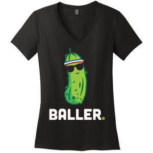 Pickle Baller Funny Pickleball Women's V-Neck T-Shirt