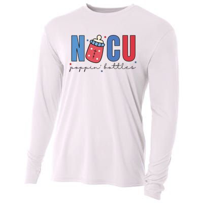 Poppin Bottles Funny NICU Nurse USA Flag 4th of July Cooling Performance Long Sleeve Crew