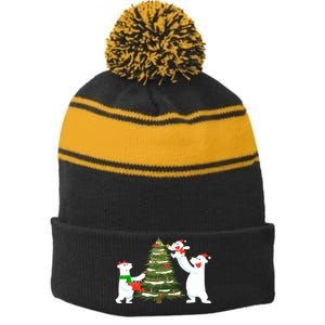 Polar Bear Family With Christmas Tree Stripe Pom Pom Beanie