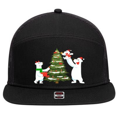 Polar Bear Family With Christmas Tree 7 Panel Mesh Trucker Snapback Hat