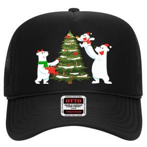 Polar Bear Family With Christmas Tree High Crown Mesh Back Trucker Hat