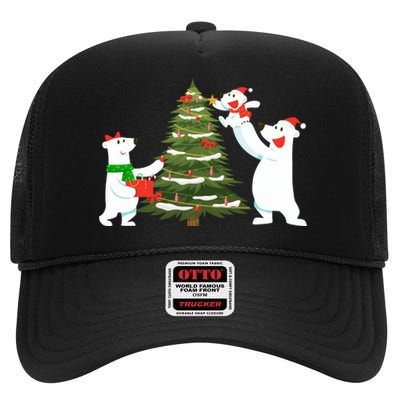 Polar Bear Family With Christmas Tree High Crown Mesh Back Trucker Hat