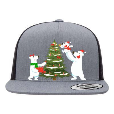 Polar Bear Family With Christmas Tree Flat Bill Trucker Hat