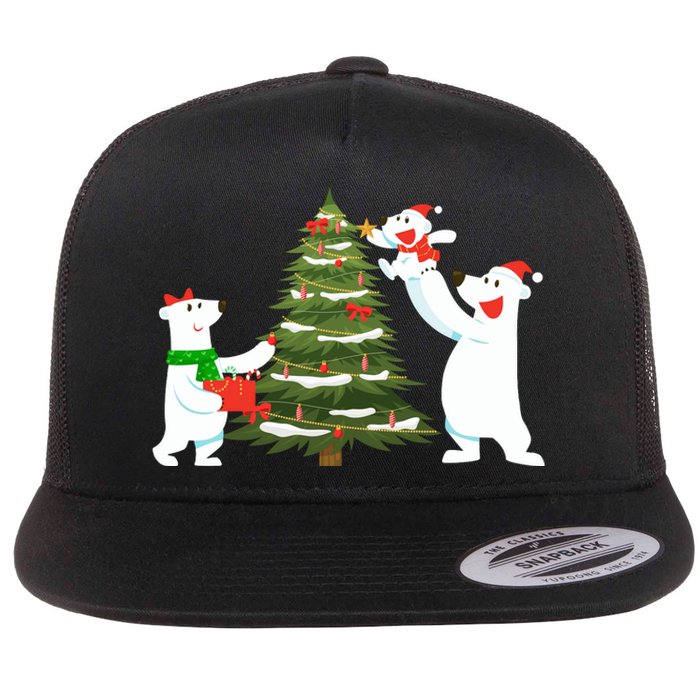 Polar Bear Family With Christmas Tree Flat Bill Trucker Hat