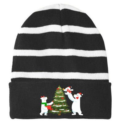 Polar Bear Family With Christmas Tree Striped Beanie with Solid Band