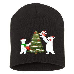 Polar Bear Family With Christmas Tree Short Acrylic Beanie