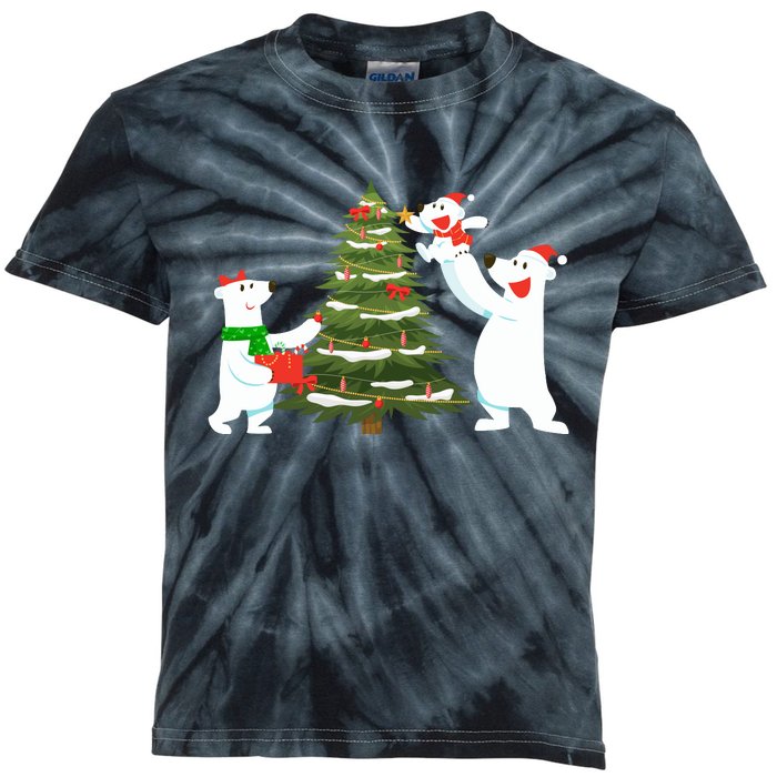 Polar Bear Family With Christmas Tree Kids Tie-Dye T-Shirt