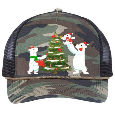 Polar Bear Family With Christmas Tree Retro Rope Trucker Hat Cap