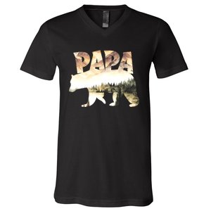 Papa Bear Forest Lake Mountain Scene Outdoors FatherS Day V-Neck T-Shirt