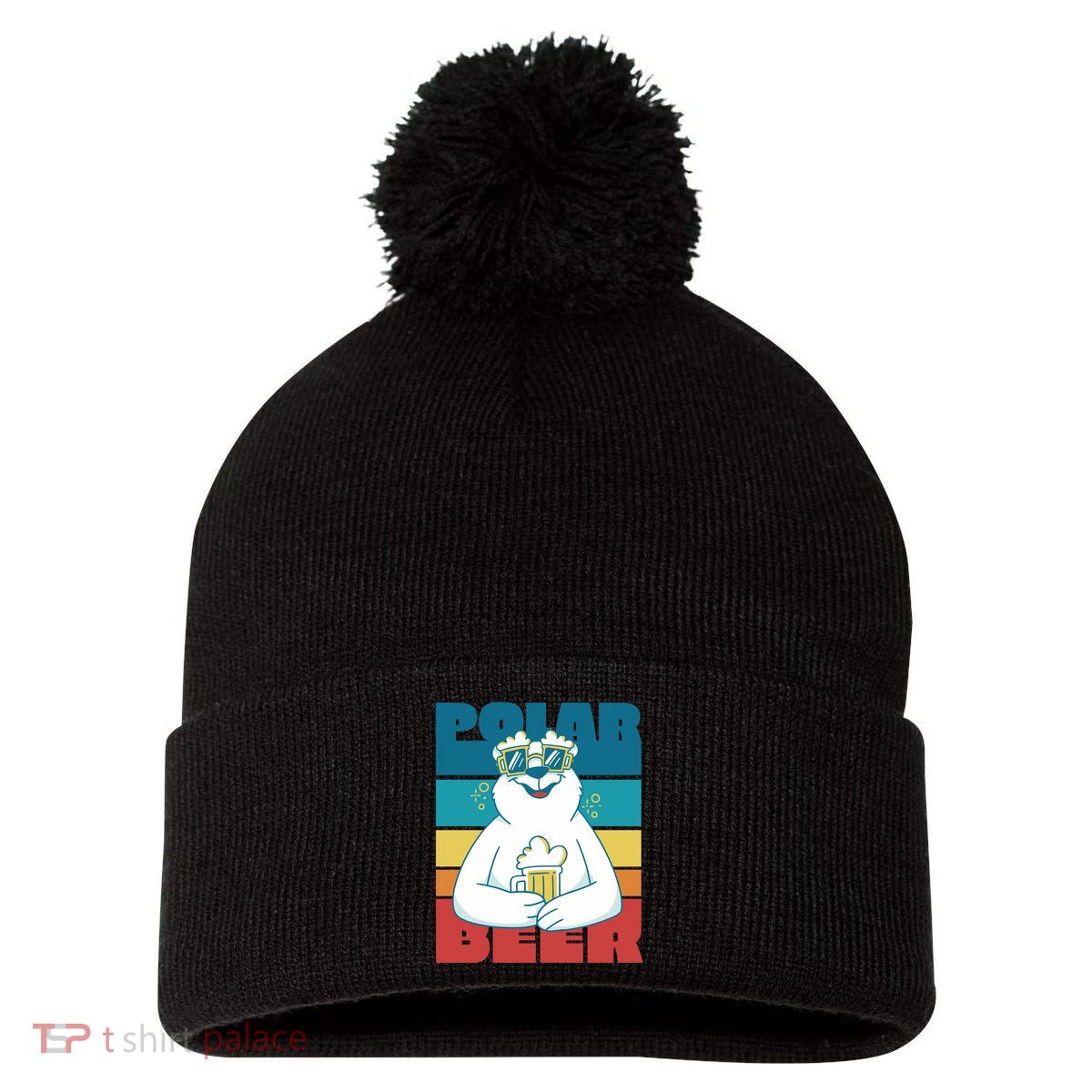 Polar Bear Funny Beer Lover Retro Sunset Pom Pom 12in Knit Beanie