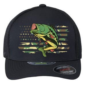 Patriotic Bass Fishing American Flag Fish Fisher Gift Flexfit Unipanel Trucker Cap