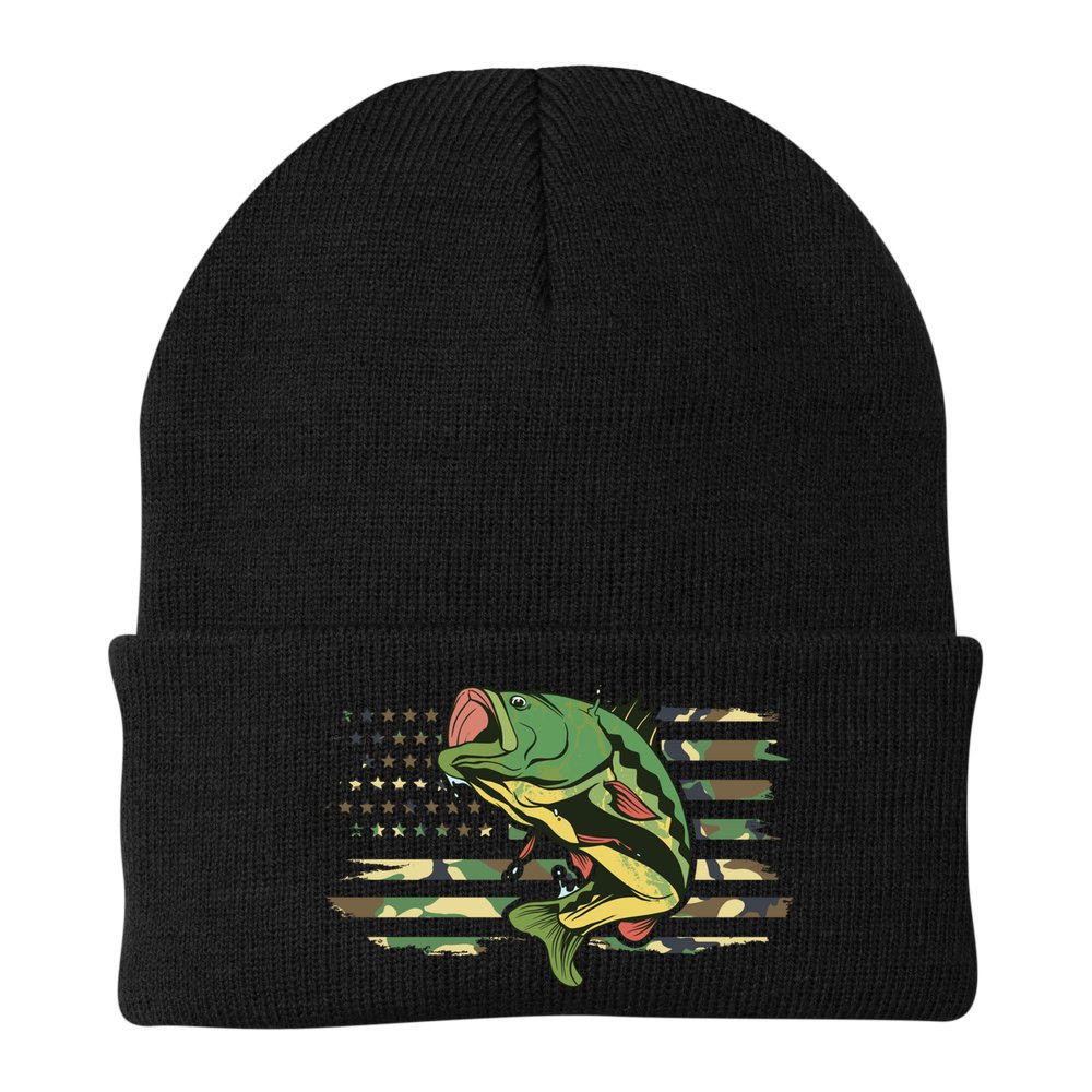 Patriotic Bass Fishing American Flag Fish Fisher Gift Beanie