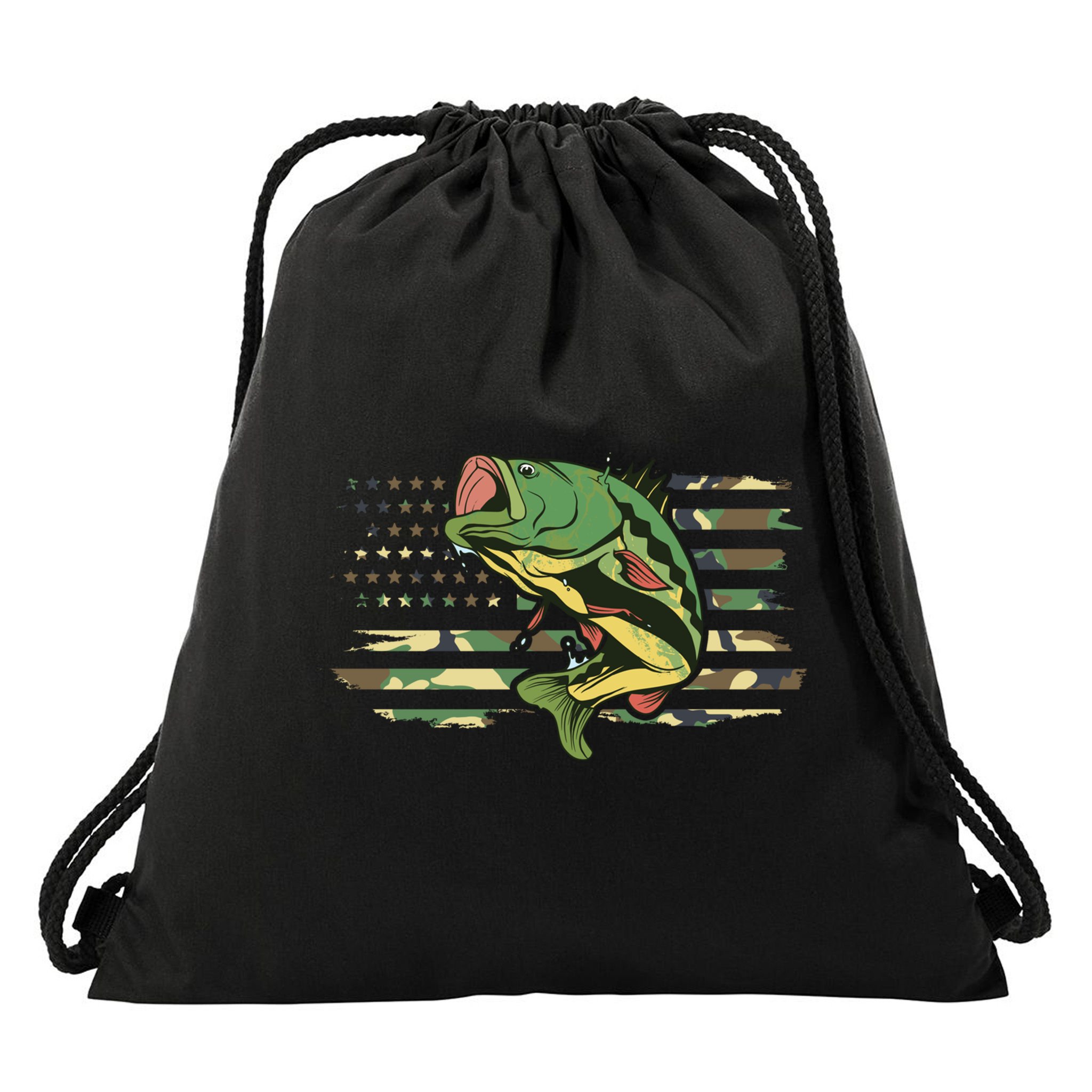 Patriotic Bass Fishing American Flag Fish Fisher Gift Drawstring Bag