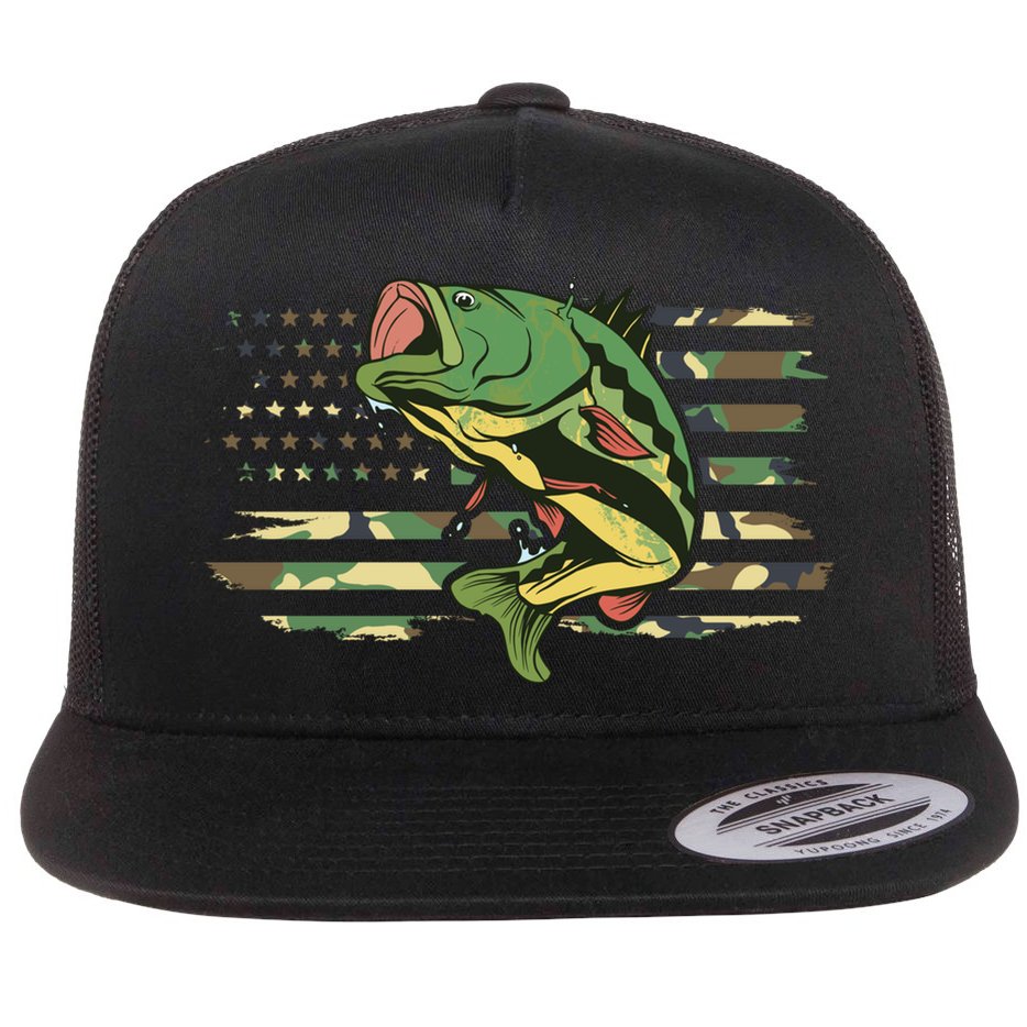 Patriotic Bass Fishing American Flag Fish Fisher Gift Flat Bill Trucker Hat